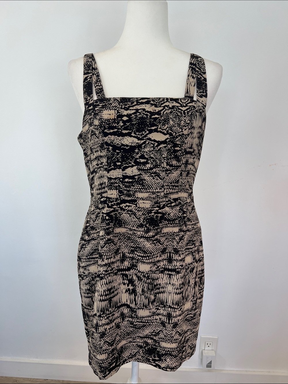 Silence & Noise Sleeveless Square-Neck Black and Cream Knit Sheath Dress